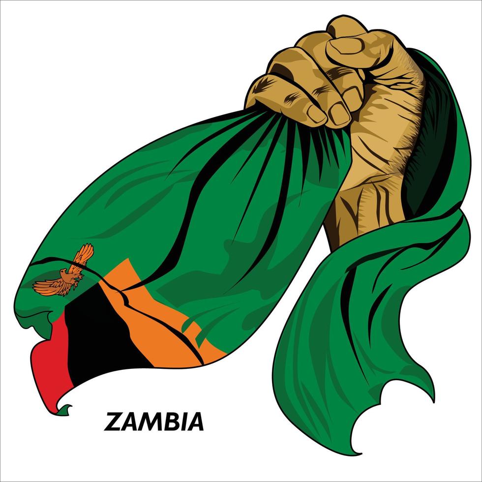 Fisted hand holding Zambian flag. Vector illustration of lifted Hand grabbing flag. Flag draping around hand. Scalable Eps format