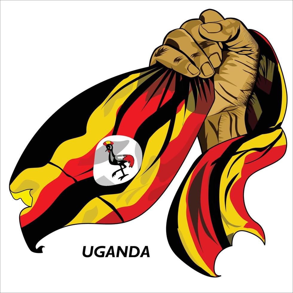 Fisted hand holding Ugandan flag. Vector illustration of lifted Hand grabbing flag. Flag draping around hand. Scalable Eps format