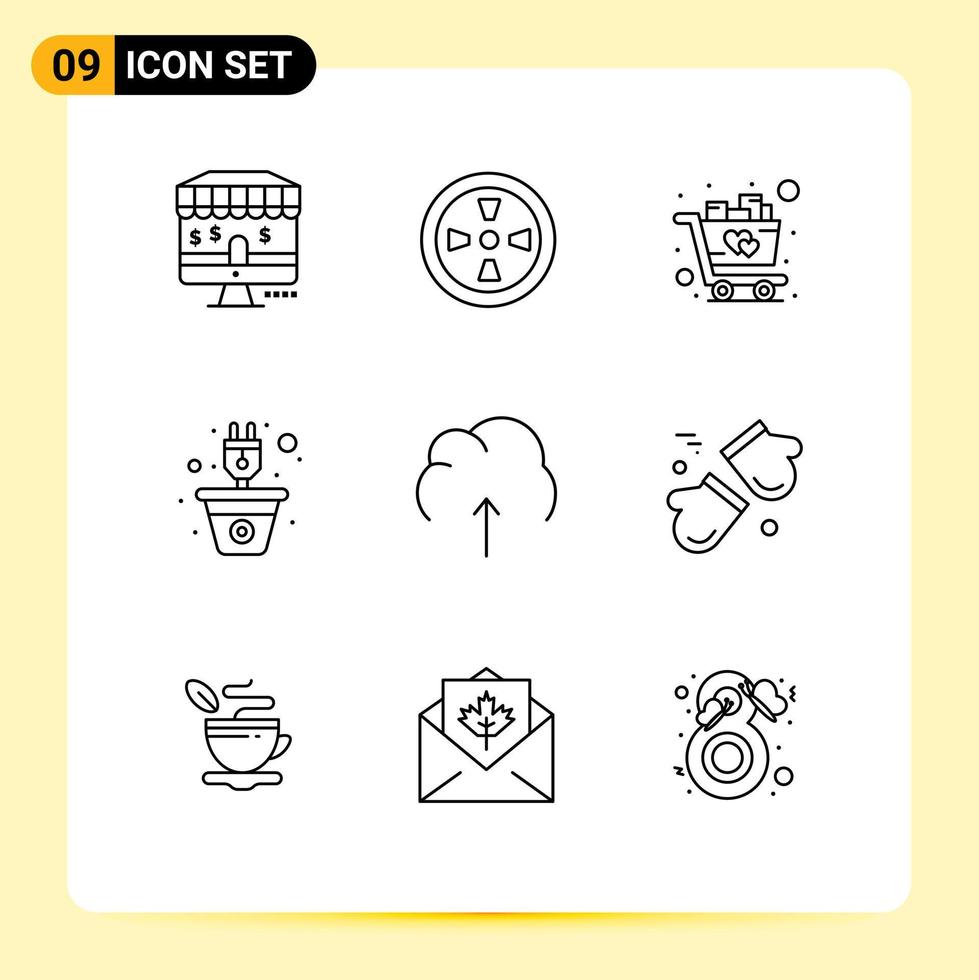 Pictogram Set of 9 Simple Outlines of multimedia cloud shopping renewable plug Editable Vector Design Elements