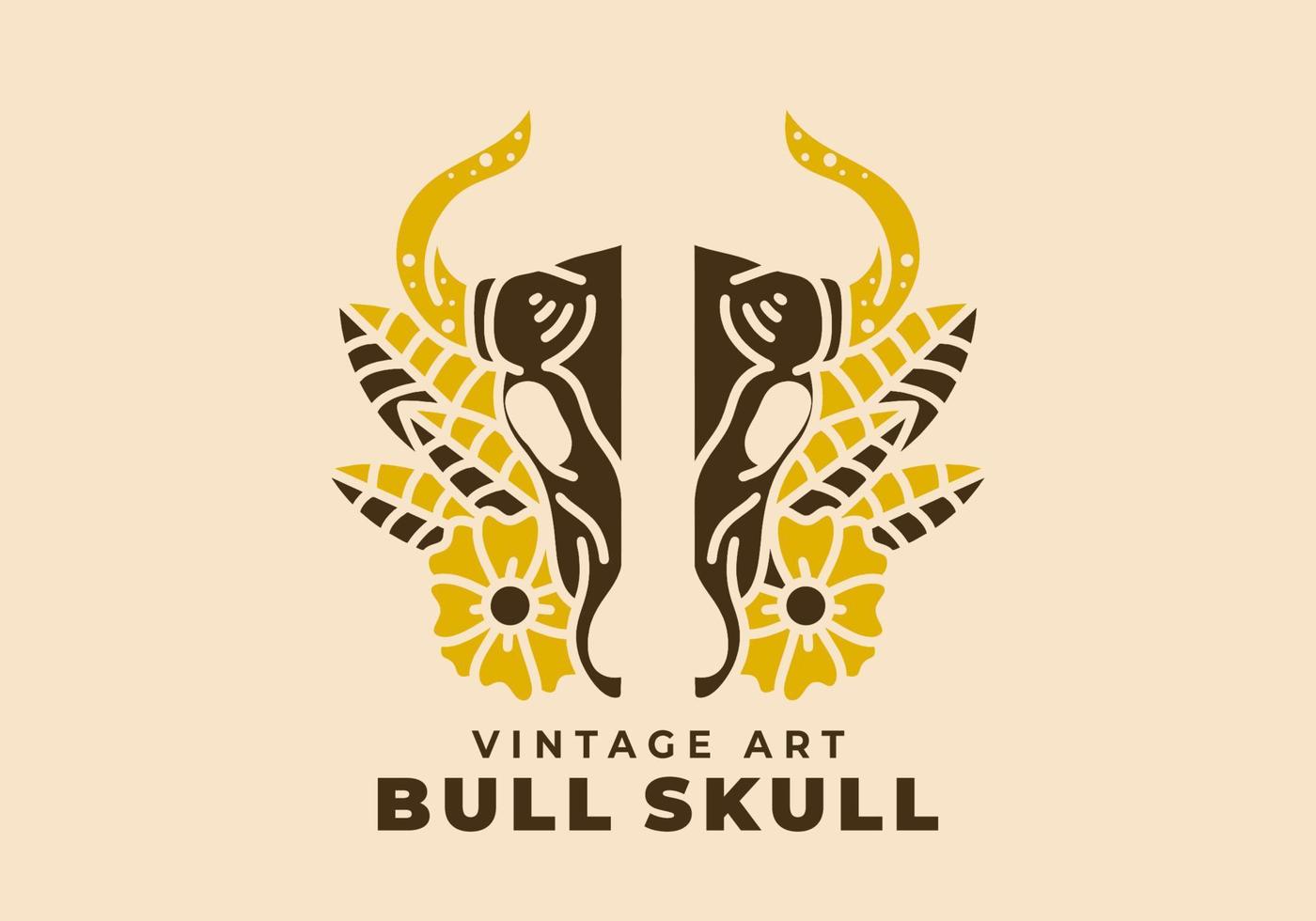 Vintage art illustration of a bull skull and flowers round it vector