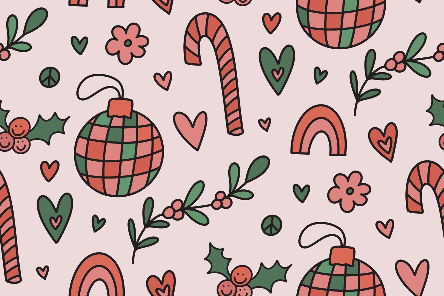 Groovy Christmas seamless pattern background with Retro 70s hippie cute festive winter hand drawn doodles - disco ball, holly berry, mistletoe, hearts vector