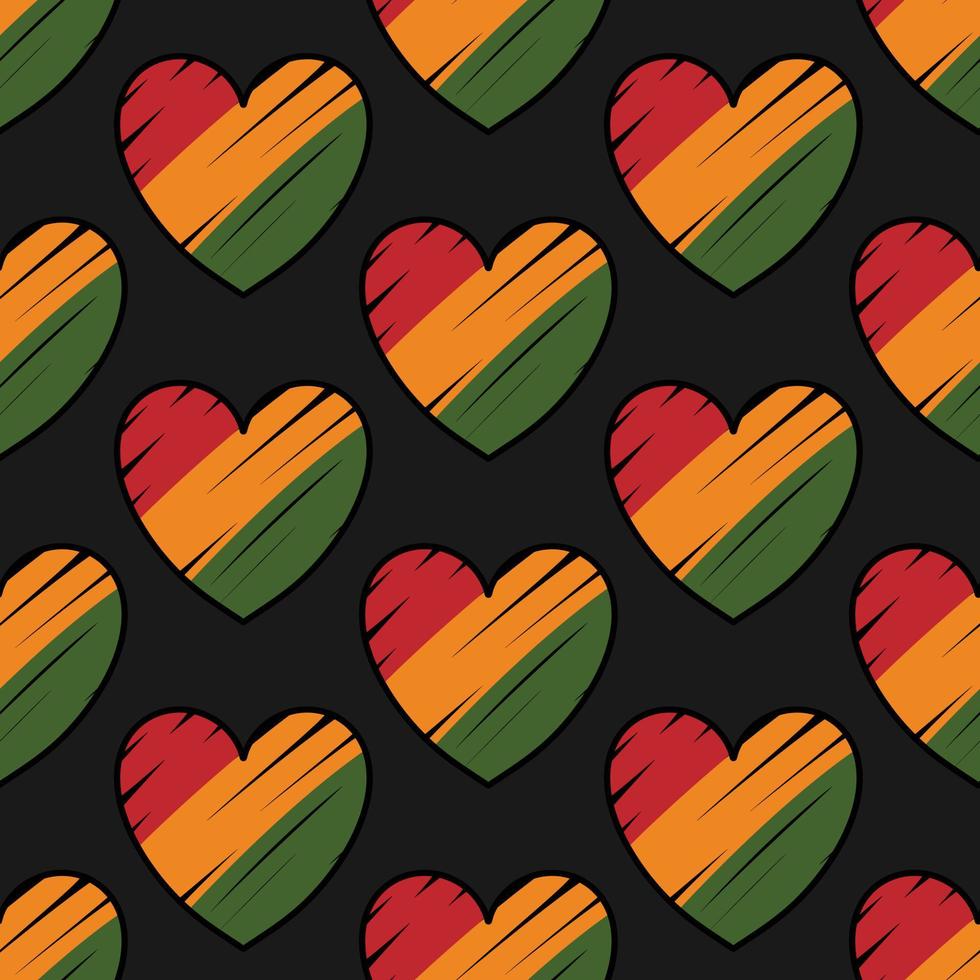 Seamless pattern background, Heart symbol with hand drawn stroke colors of African flag - red, yellow, green. Kwanzaa, Juneteenth, Black History Month backdrop texture design vector