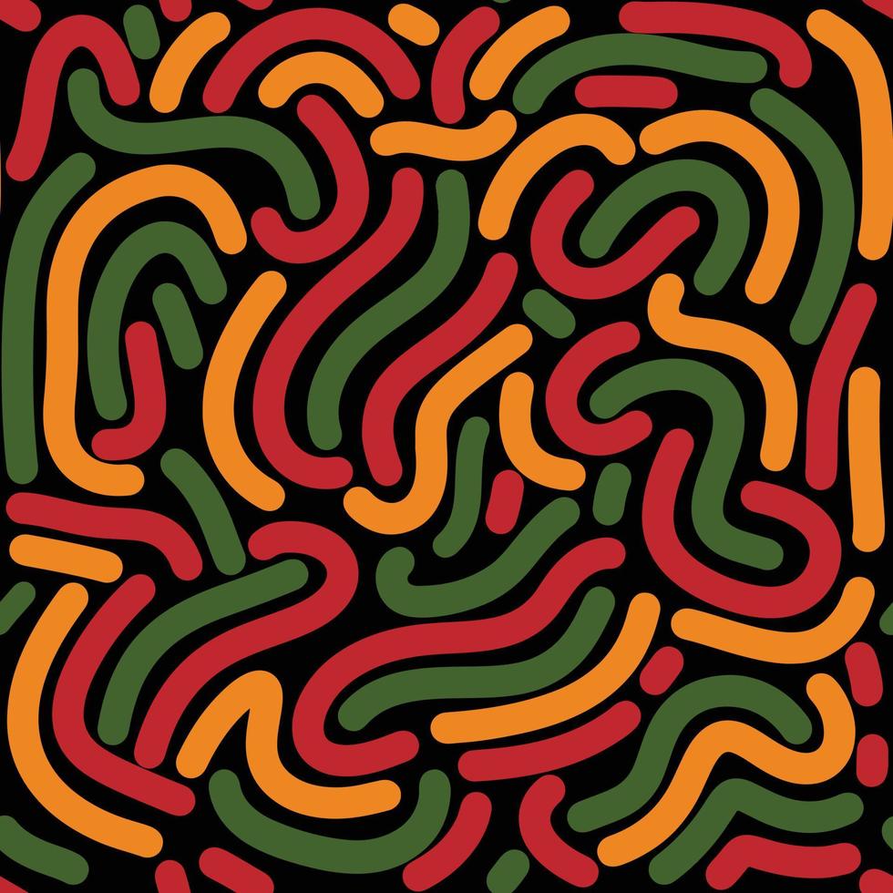 Abstract seamless pattern background, line doodle shapes in colors of African American flag - red yellow green on black backdrop. Creative geometric print Kwanzaa, Black History Month, Juneteenth. vector