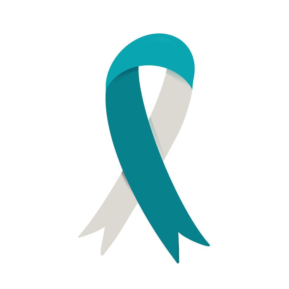 Teal and white ribbon - cervical cancer awareness symbol emblem isolated on white. Vector illustration. Clip art, design element for healthcare medical concept.