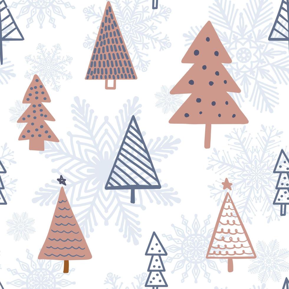 Cute winter season holiday childish seamless pattern with Scandinavian minimalist hand drawn Christmas tree doodle and snowflakes on backdrop. Beautiful Christmas sweet background design vector