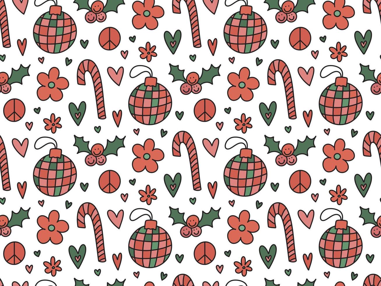 Groovy retro Christmas seamless pattern background with 60s 70s hippie cute festive winter hand drawn doodles - disco ball, holly berry, mistletoe, hearts, daisy flowers. Y2K Christmas backdrop print vector