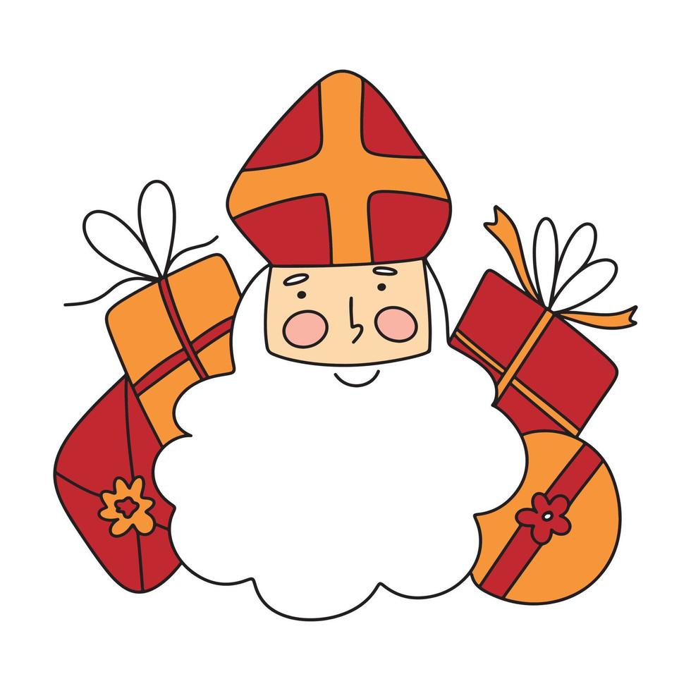 Saint Nicholas or Sinterklaas cute doodle portrait. vector illustration of St Nick with presents, simple doodle with contour line outline drawing