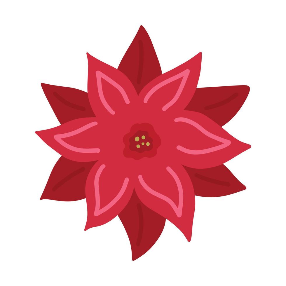 Poinsettia Christmas Star red flower - simple hand draw flat doodle. Vector illustration. Festive winter flower clip art element isolated on white.