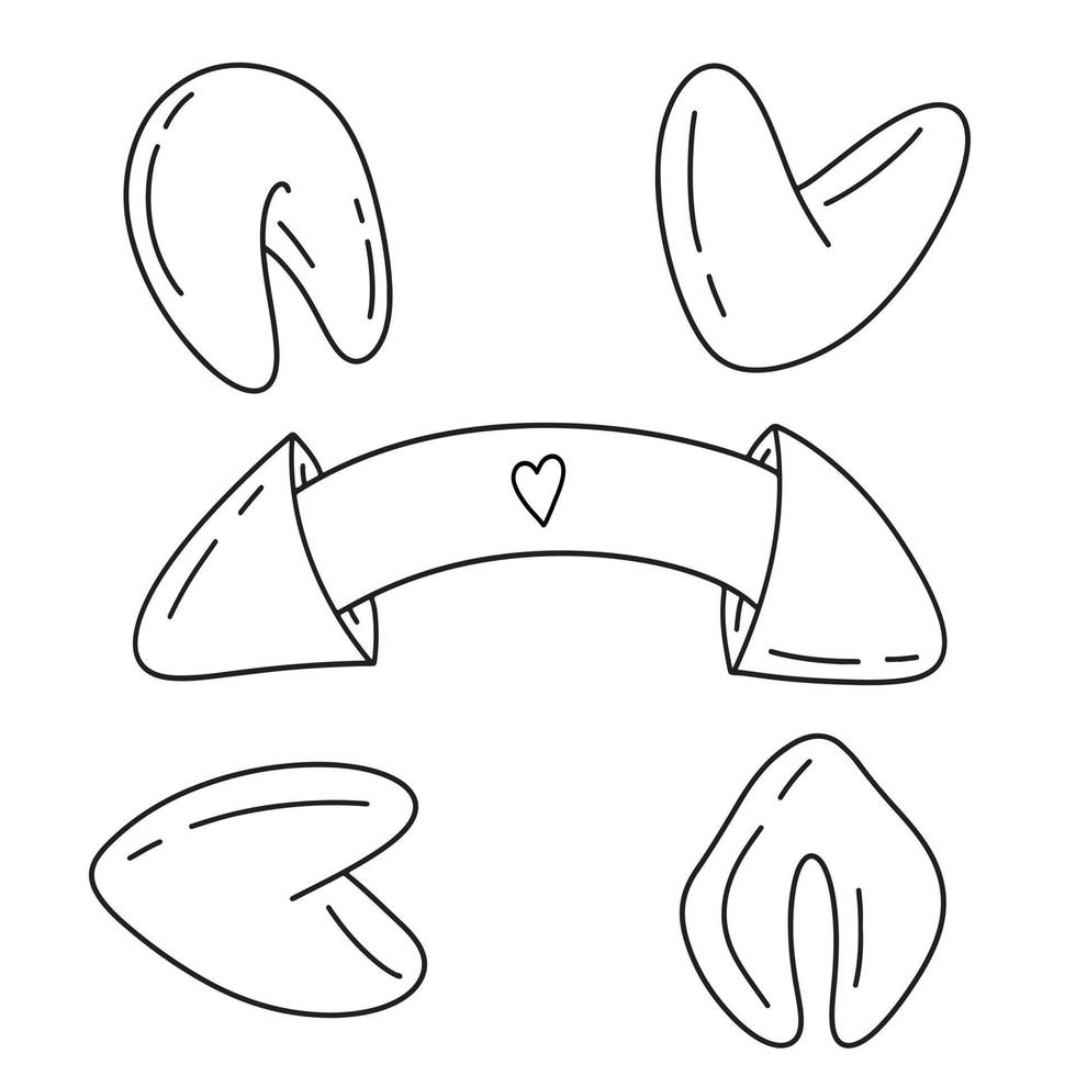 fortune cookies hand drawn doodle icon set. Asian food. Simple outline contour sketch drawing collection of special Chinese biscuit with paper note with prediction or motto vector