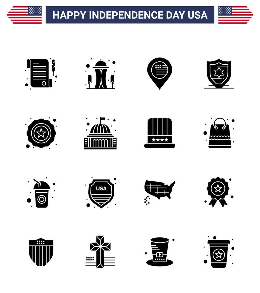 USA Independence Day Solid Glyph Set of 16 USA Pictograms of place star location police protection Editable USA Day Vector Design Elements