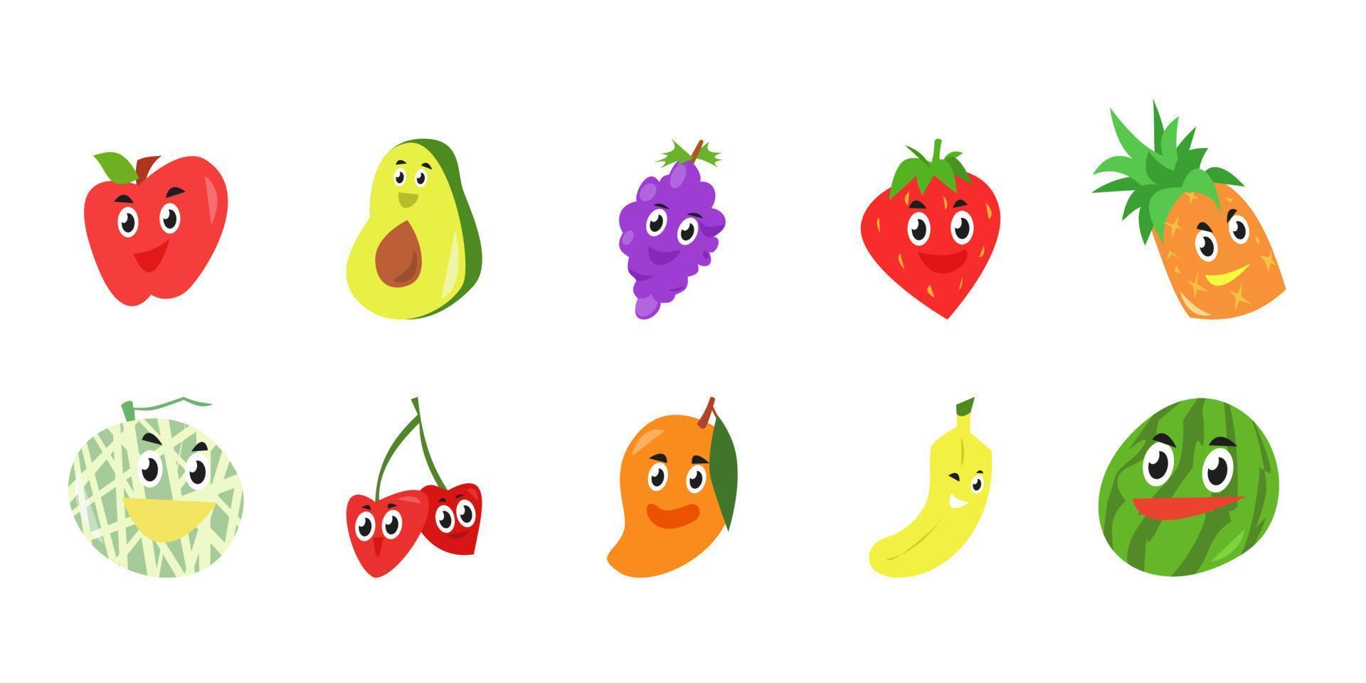 establecer una colección de lindos íconos de personajes de frutas. estilo vectorial de dibujos animados. Fondo blanco. concepto de fruta, comida, adecuado para la ilustración de libros infantiles, plantilla, patrón, mascota, pegatina, etc. vector