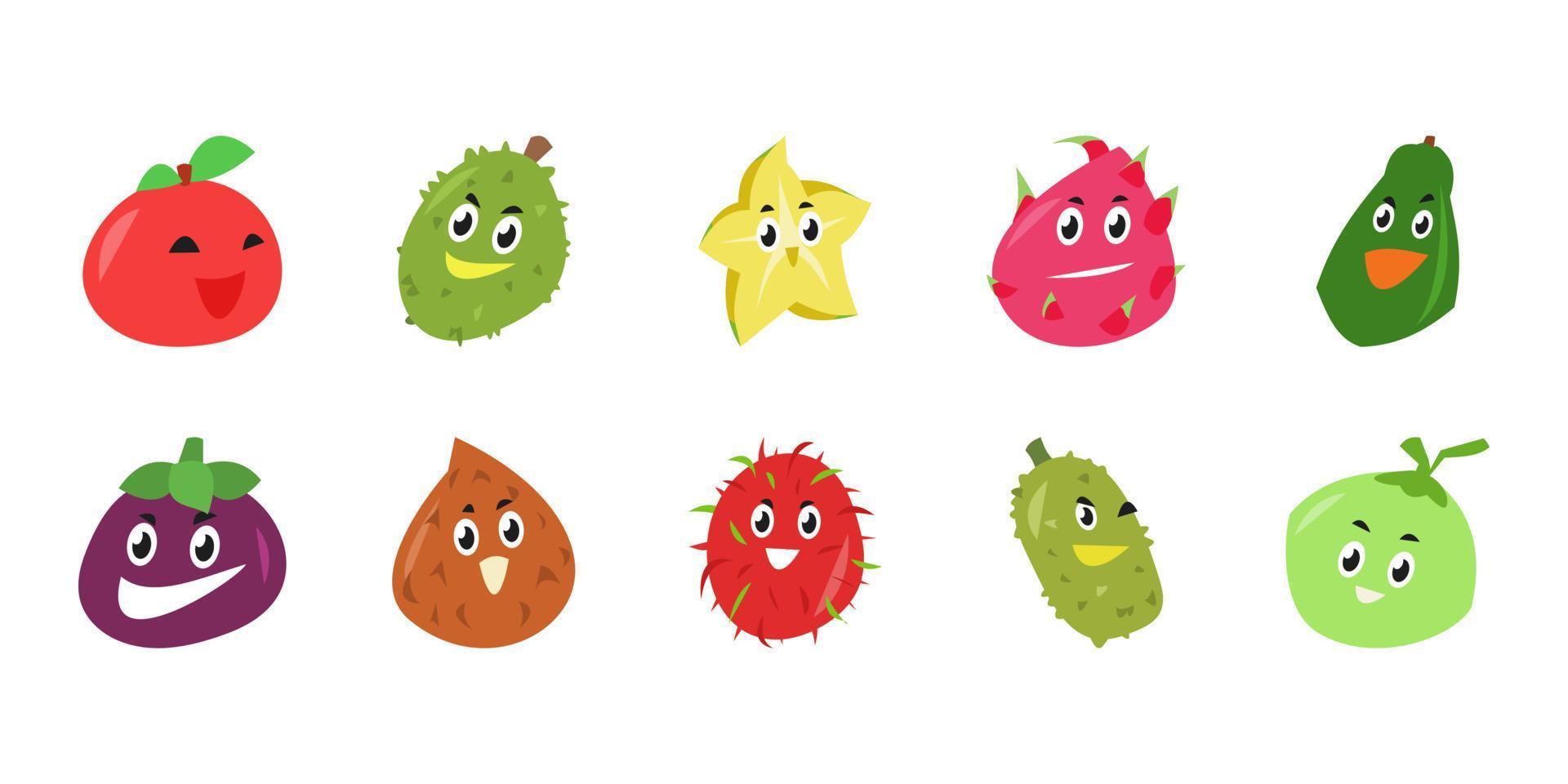 set collection of cute fruit character icons. cartoon vector style. white background. fruit concept, tropical fruit. food, for children's book illustration, template, pattern, mascot, sticker, etc.