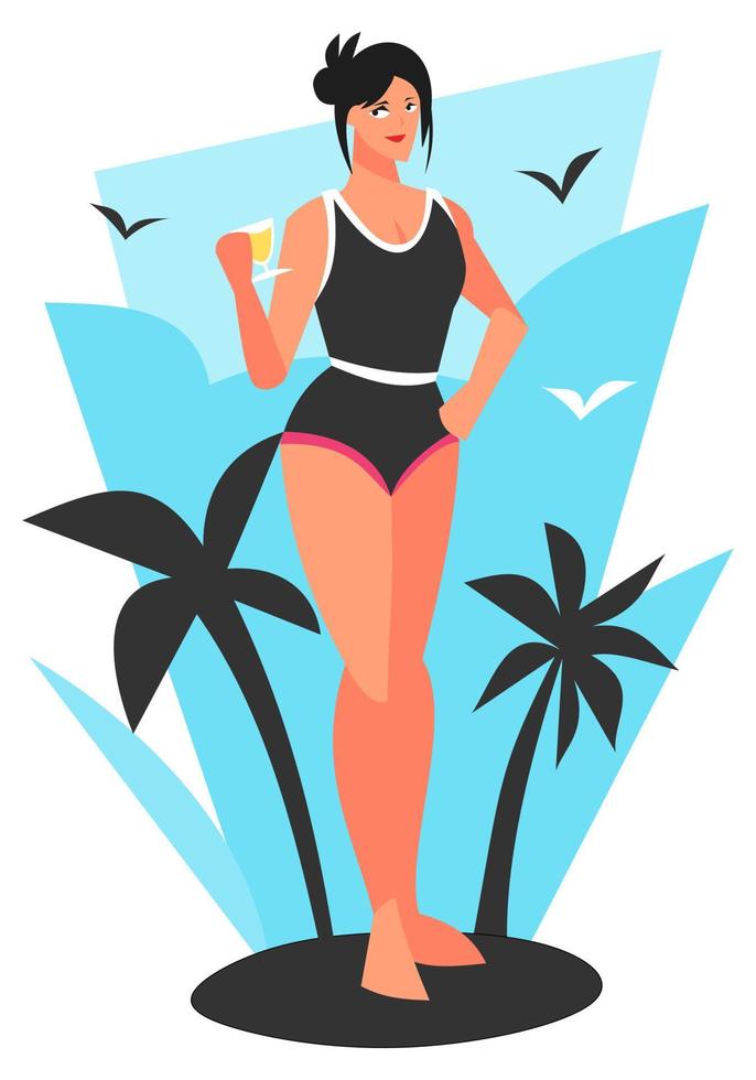 ilustración de una chica en traje de baño con jugo de naranja. fondo azul cielo y silueta de árbol de coco. adecuado para el tema del verano, playa, natación, vacaciones, estilo de vida, etc. vector plano