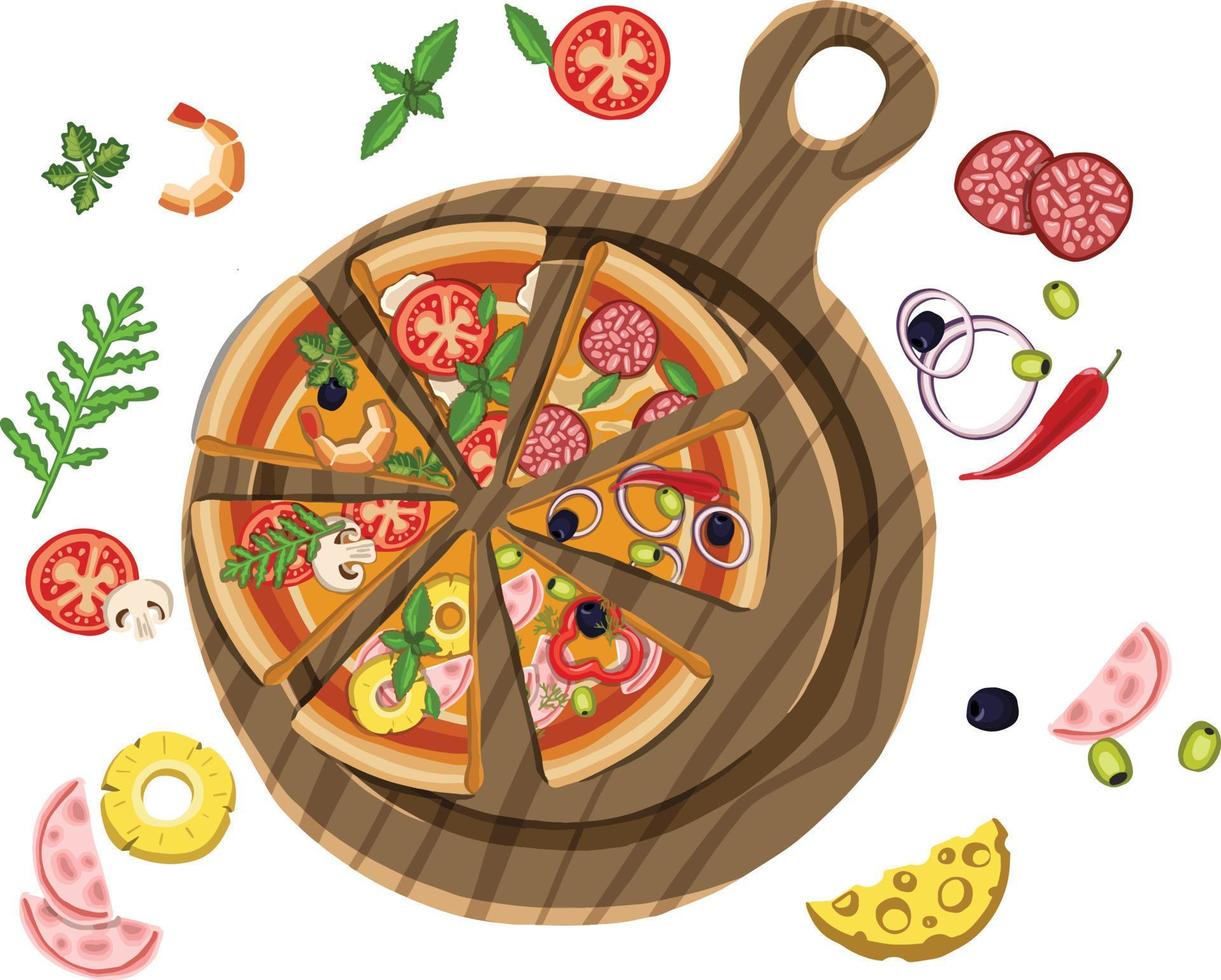 conjunto de pizzas con varios rellenos. ilustración. vector