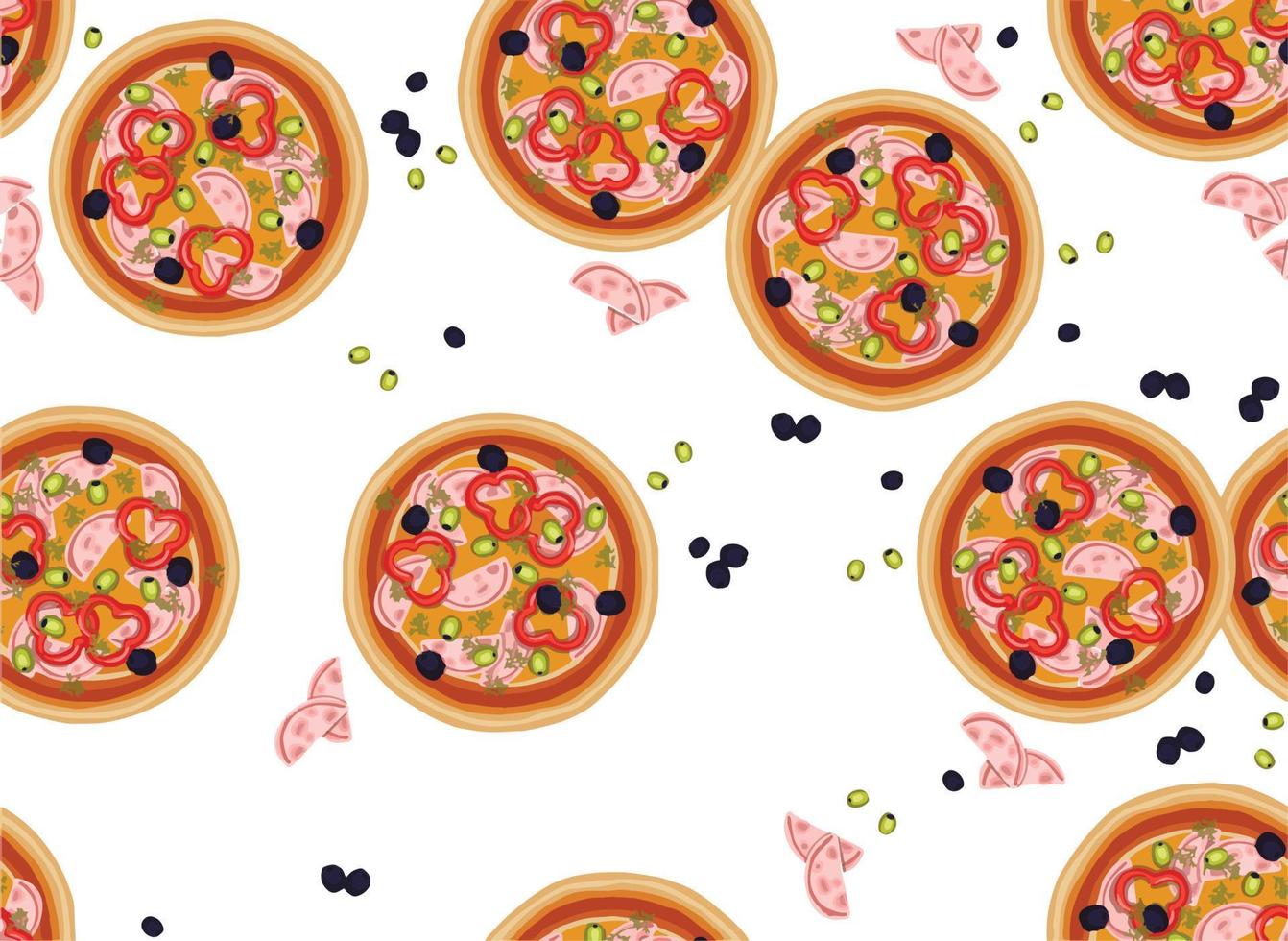 fondo de dibujo de patrón de pizza. comida chatarra dibujada a mano sin costuras para envolver y decorar la impresión. vector