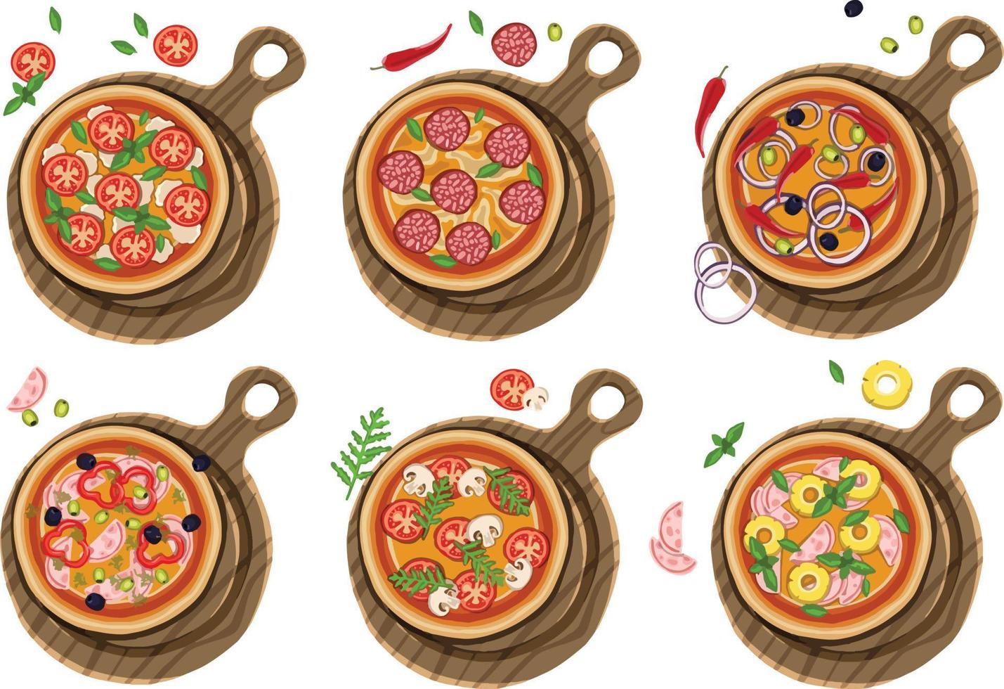 Set of pizzas with various fillings. illustration. Vector