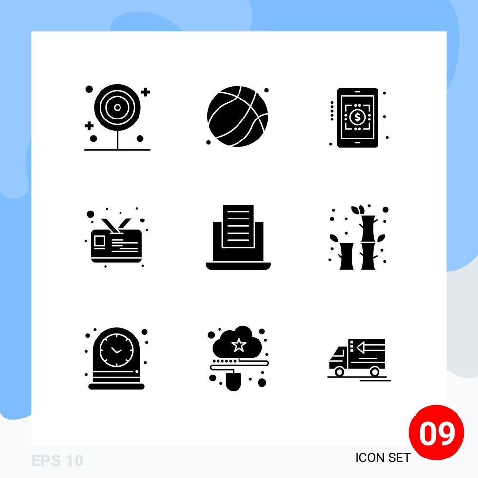 Universal Icon Symbols Group of 9 Modern Solid Glyphs of bamboo mail banking laptop id Editable Vector Design Elements