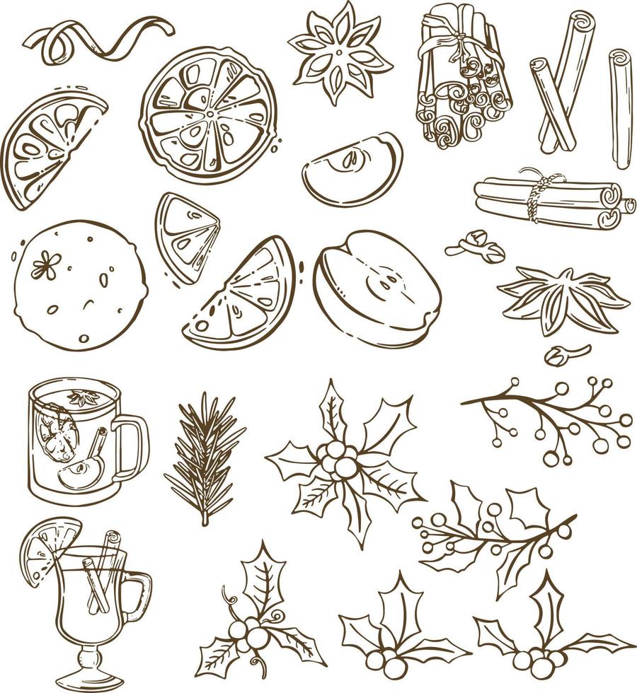 Apple and cranberries. Watercolor Christmas set of fruits, spices and festive decor. Design elements for invitations, announcements and greeting cards. vector