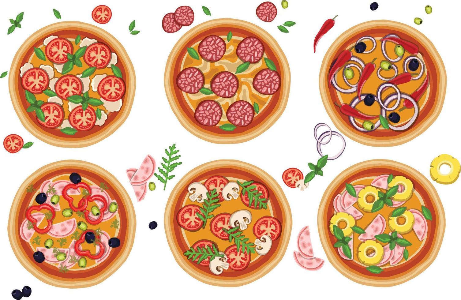 conjunto de pizzas con varios rellenos. ilustración. vector