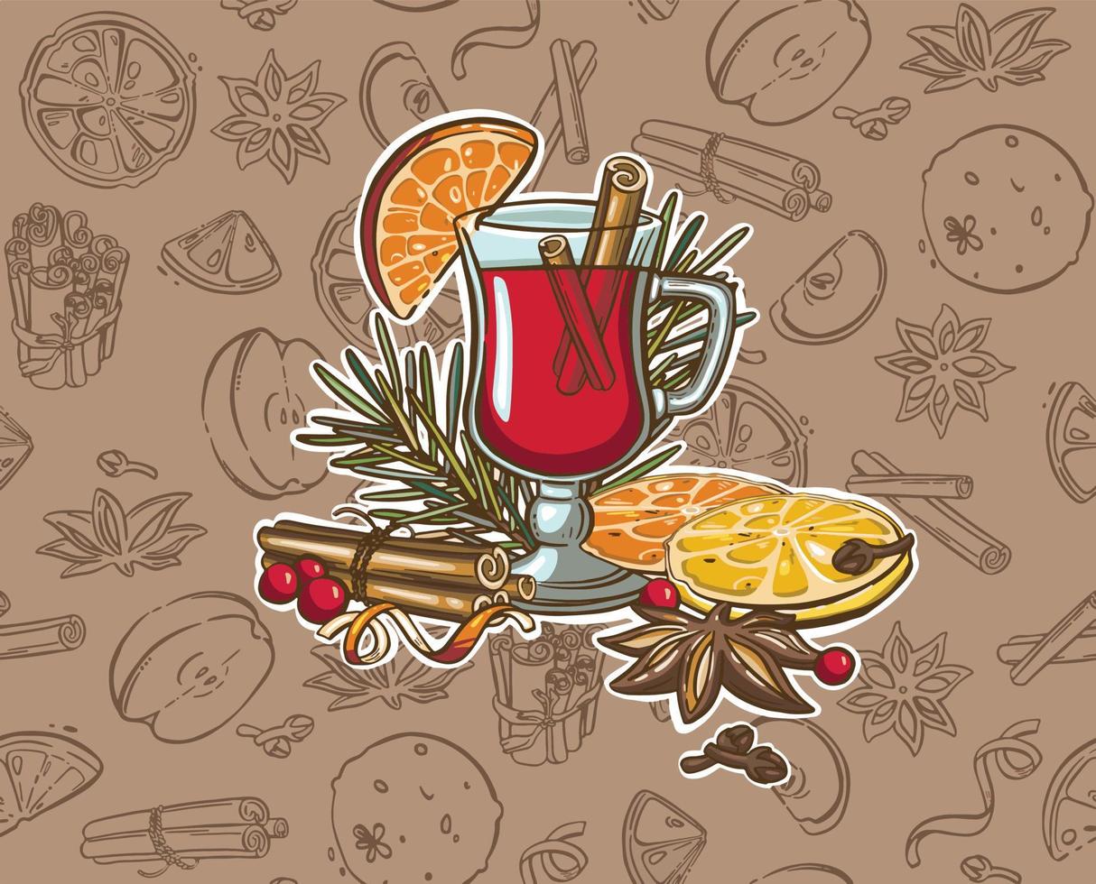 vino caliente con especias de navidad acuarela. copa de vino pintada a mano, canela, pan de jengibre y rama de abeto aislada en fondo blanco. ilustración de invierno para diseño, impresión, tela. vector