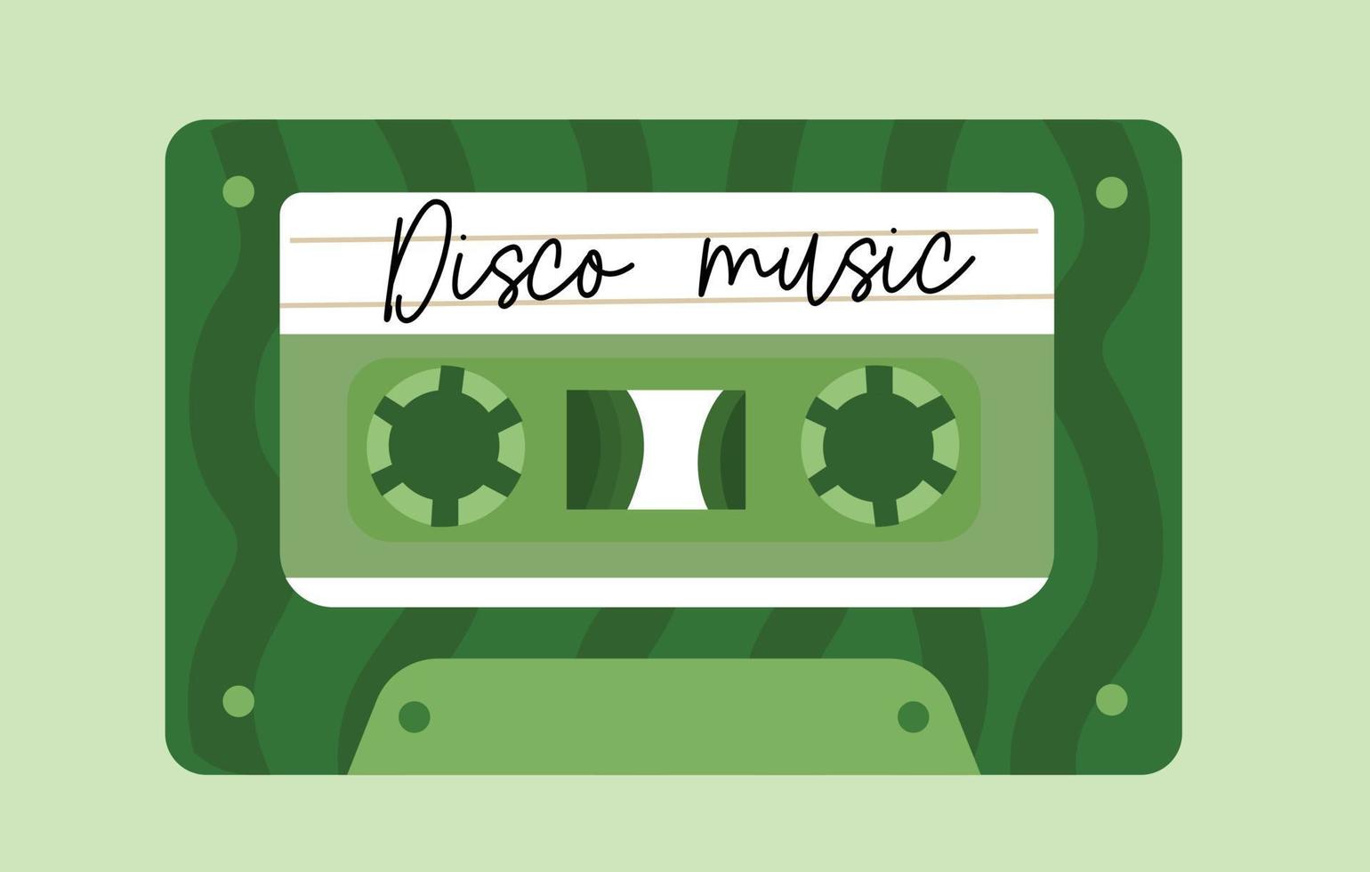 Cute green disco cassette with retro music. Vector illustration of y2k, 1990s, 1980s graphic design for sticker, poster.