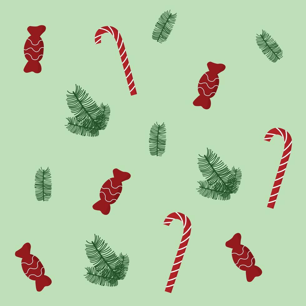 Christmas seamless pattern illustration on green background. Candy cane, tree branch, sweets. vector