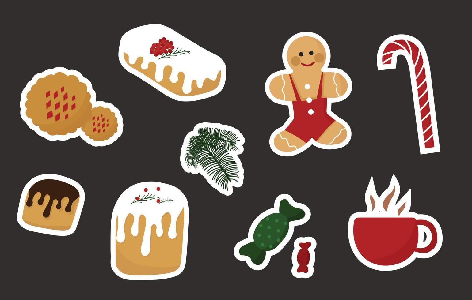 Set of Christmas pastry stickers for decorations. Candy cane, cakes and cookies for Christmas design. vector