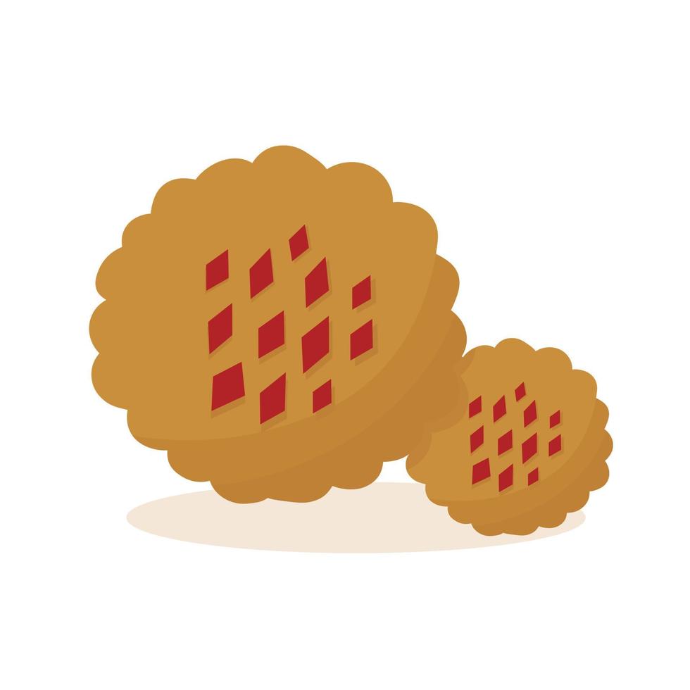 Flat vector illustration of home baked cookie with red jam. Sweet Christmas biscuit pastry.