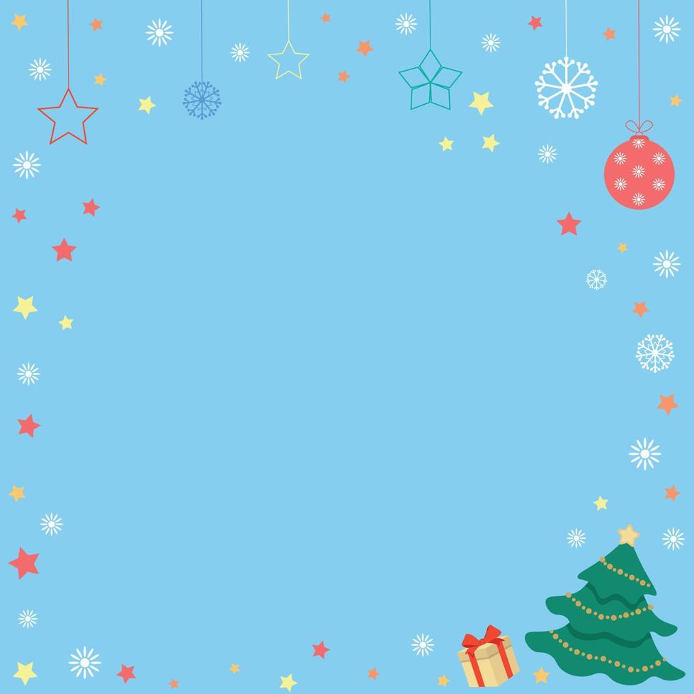 fondo de navidad azul árbol de navidad, regalo, estrellas, copos de nieve, vector plano
