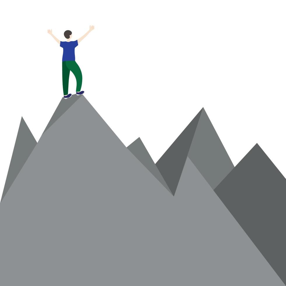 A guy stands on top of a mountain, with her back to us, raising her hands up, a flat vector, isolate on white vector