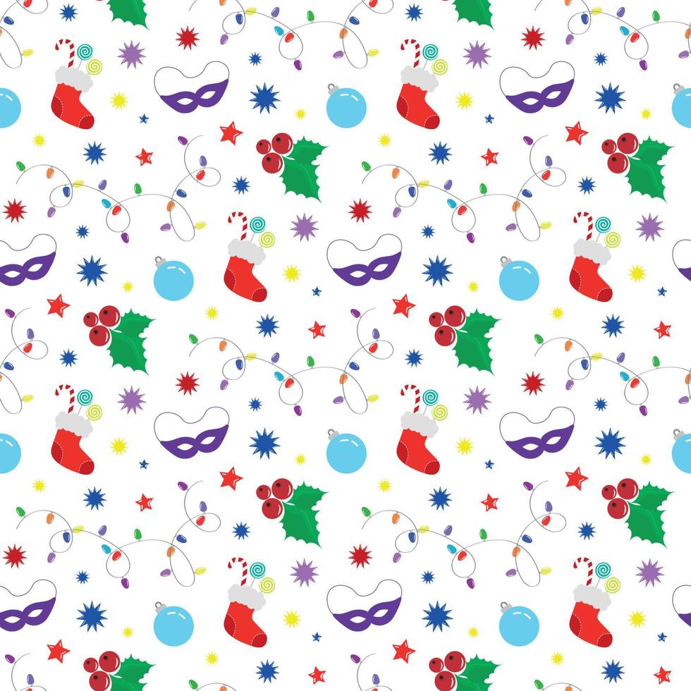 New Year seamless pattern, Christmas attributes on white background, flat vector