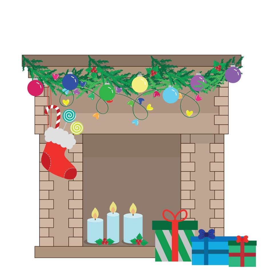 Fireplace decorated with Christmas attributes, winter holiday decor, isolate on white background, flat vector