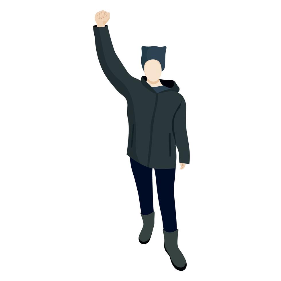 A girl in a jacket and a hat stands with one hand raised up, flat vector, isolate on white, protest, faceless illustration vector