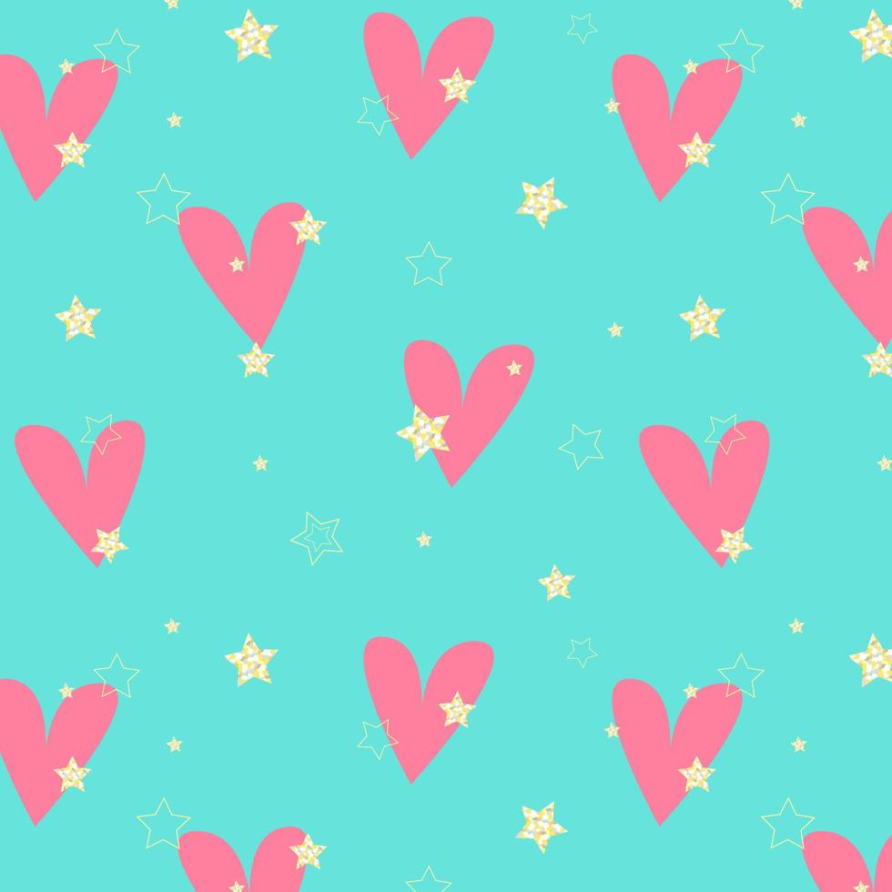 Stars and heart pattern, Love, passion,  Valentines Day, Shiny gold stars and pink hearts on blue background. vector