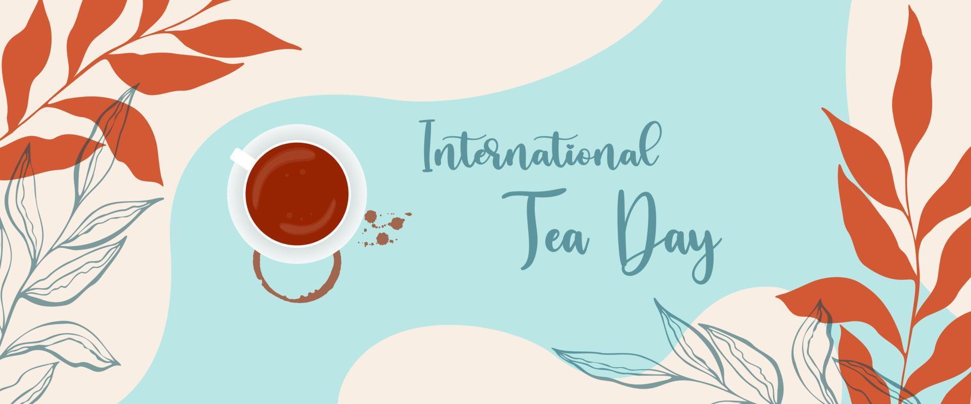 pancarta del día del té en estilo boho con tazas de té y huellas de manchas con gotas, día internacional del té, hojas de garabatos botánicos. vector