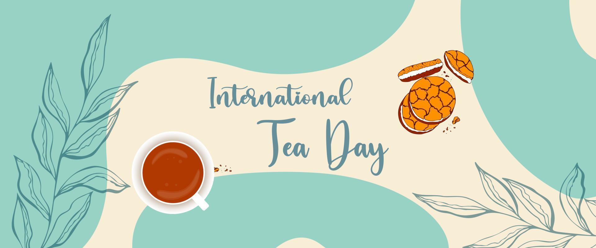 Tea Day banner in boho style with tea mug and cookies, International Tea Day, botanical doodle leaves. vector