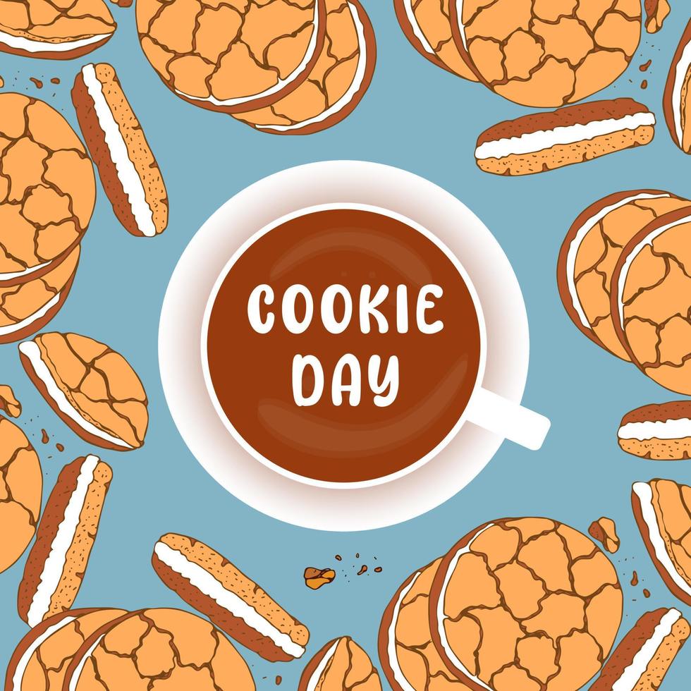 Cookie Day banner, Tea mug,  blue background, frame. vector