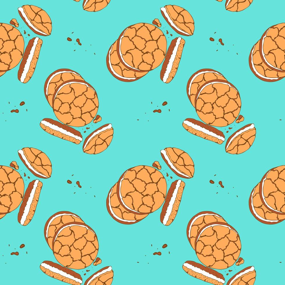 Pattern cookies with filling and biscuit crumbs on a blue background, hand drawn doodle drawing. National Cookie Day. vector