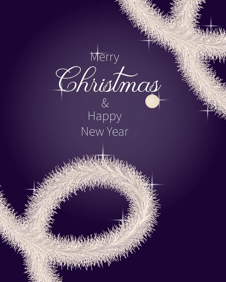 Merry Christmas and Happy New Year 2023 template banner purple with tinsel and balls, glitter, sparks, shine. vector