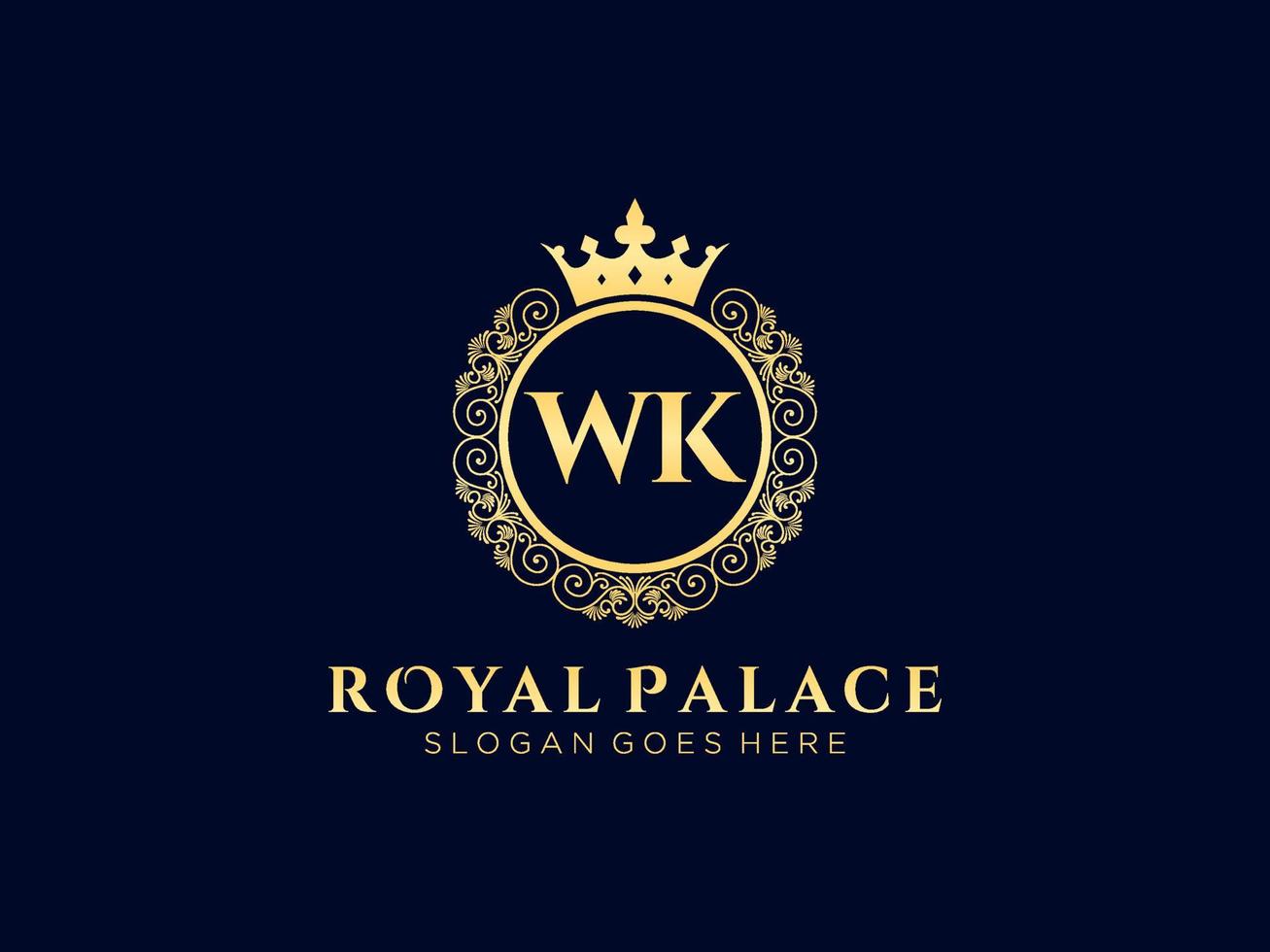 Letter WK Antique royal luxury victorian logo with ornamental frame. vector