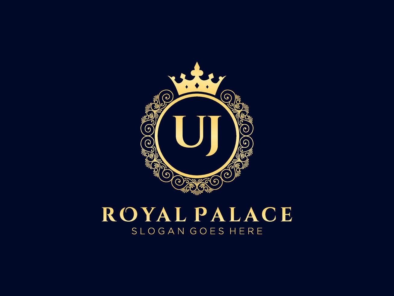 Letter UJ Antique royal luxury victorian logo with ornamental frame. vector