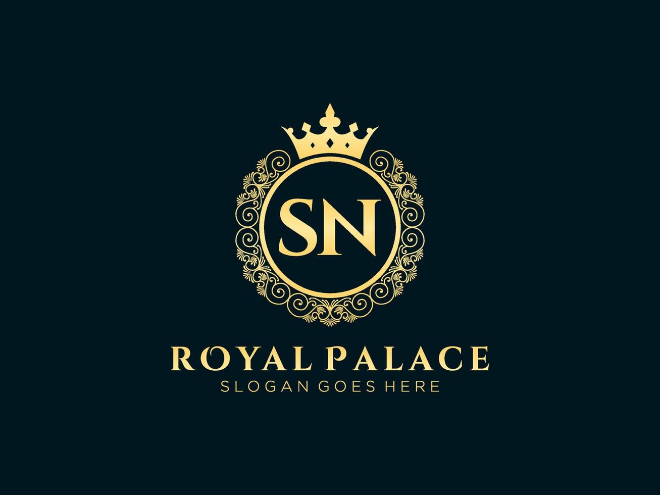 Letter SN Antique royal luxury victorian logo with ornamental frame. vector