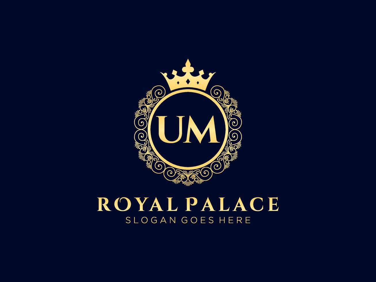 Letter UM Antique royal luxury victorian logo with ornamental frame. vector