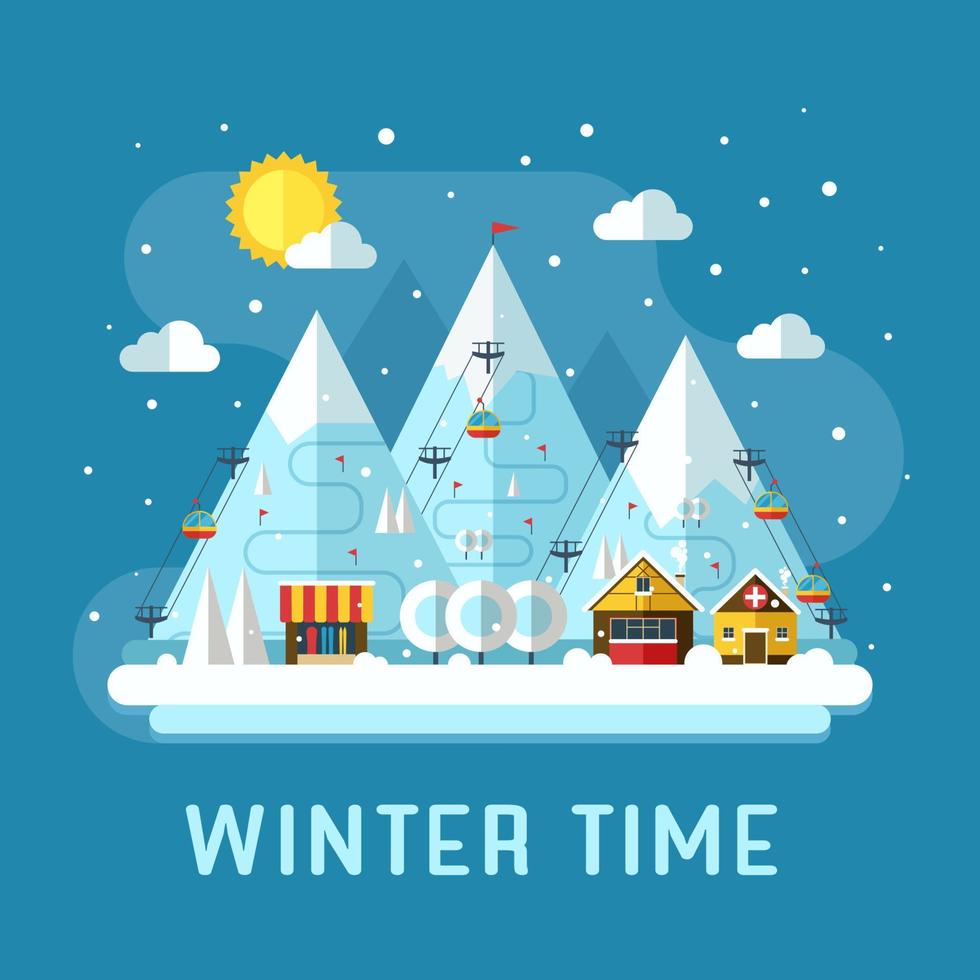 Winter Mountain Ski Resort Flat Illustration vector