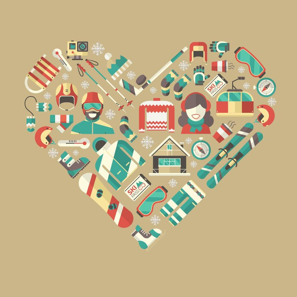 Winter Activity Flat Icons Heart Shape vector