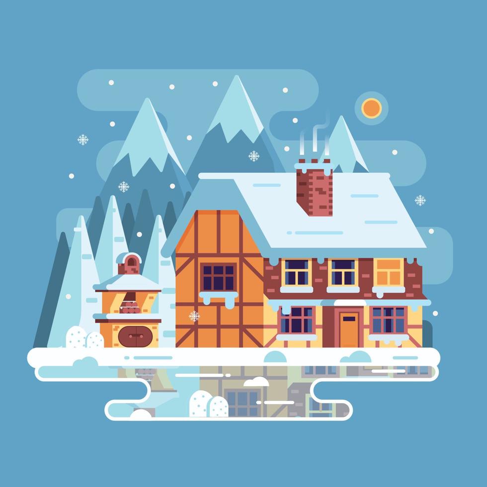 casa de montaña de invierno con chimenea vector