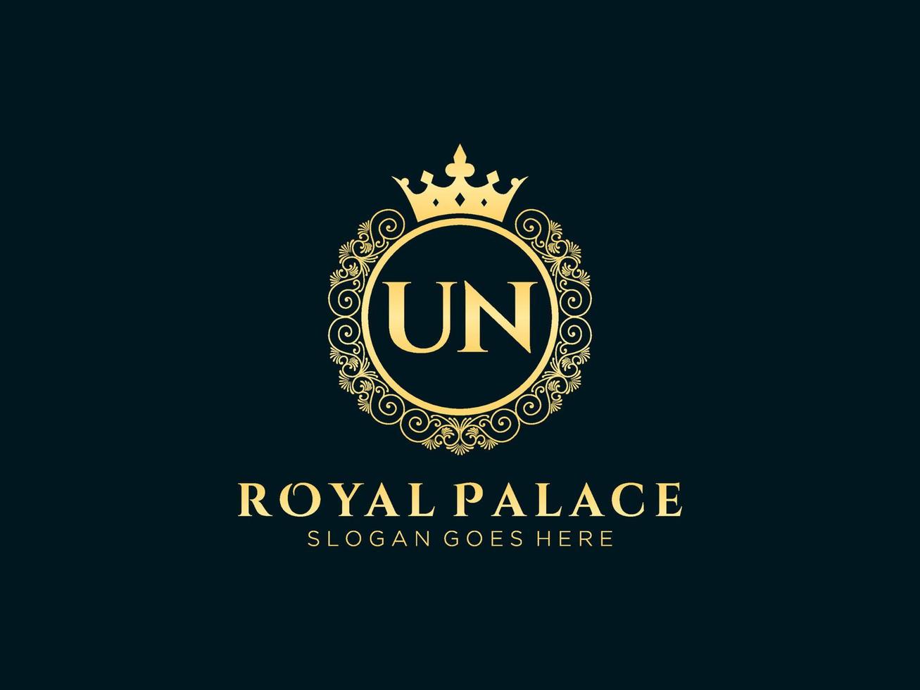 Letter UN Antique royal luxury victorian logo with ornamental frame. vector