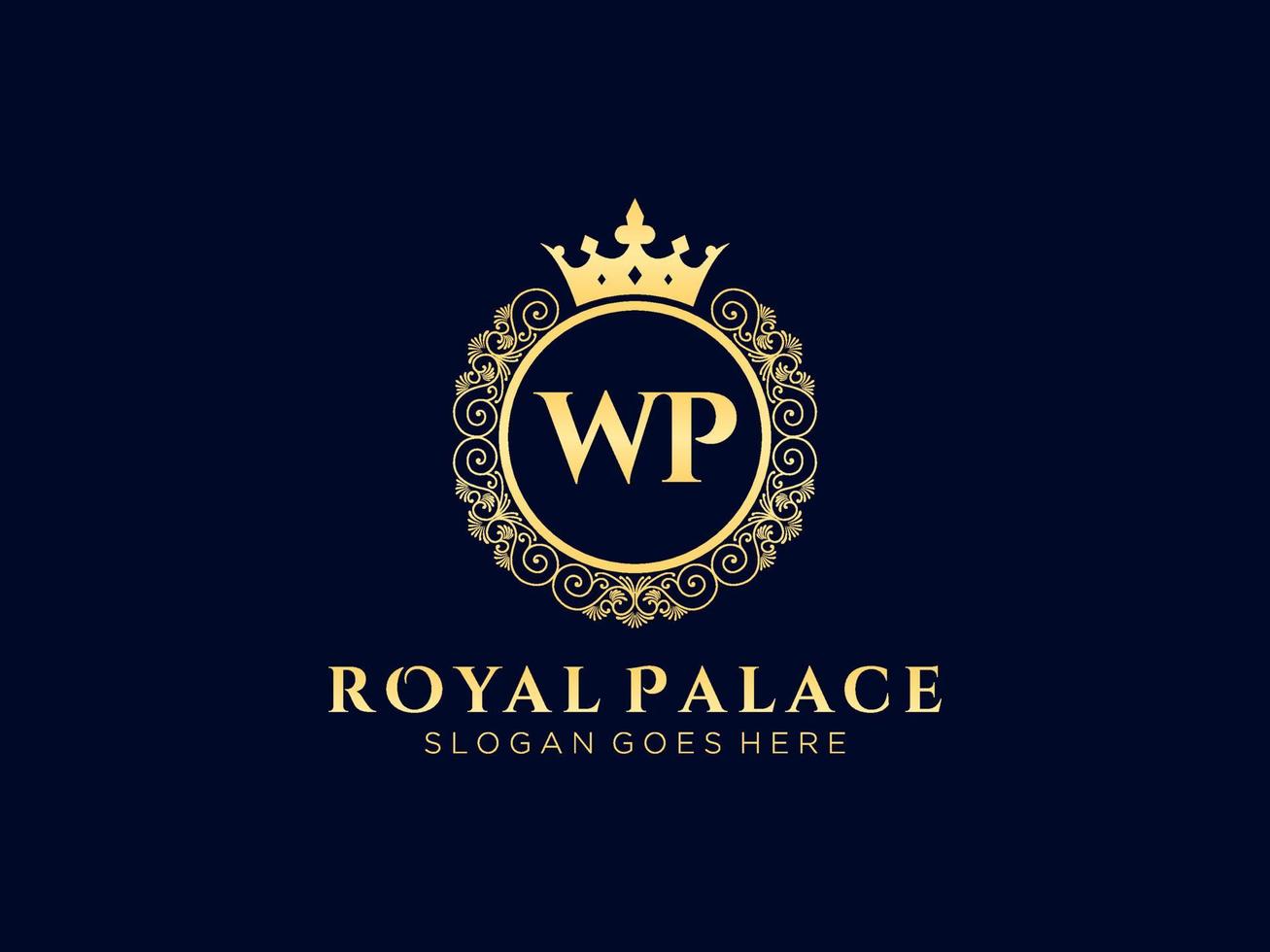 letra wp logotipo victoriano de lujo real antiguo con marco ornamental. vector