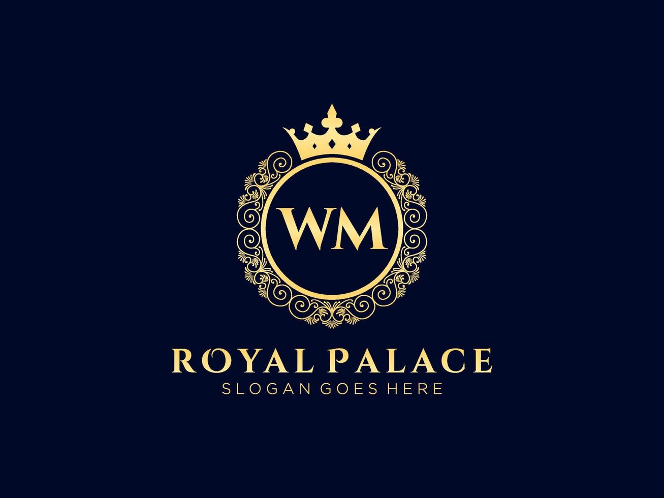 letra wm logotipo victoriano de lujo real antiguo con marco ornamental. vector