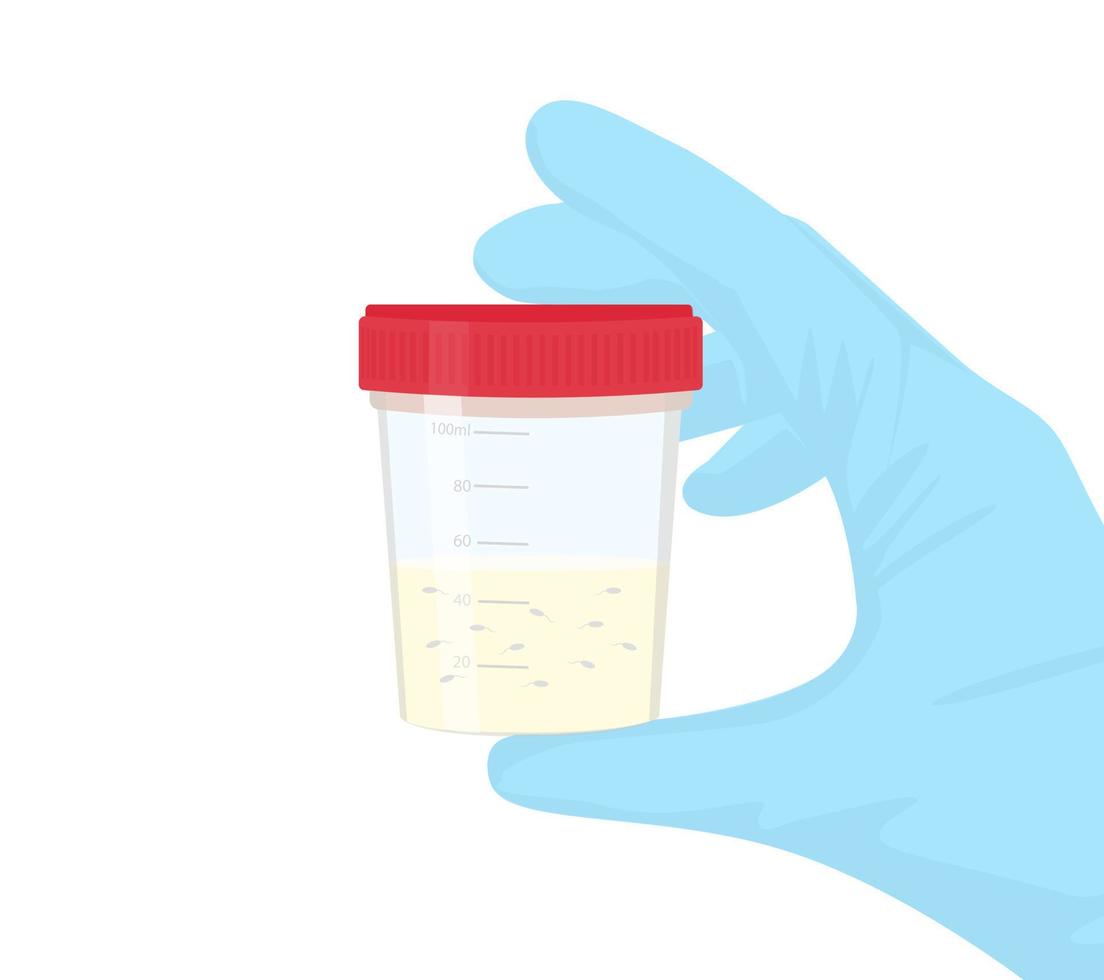Gloved hand holding a plastic jar with sperm for semen analysis. Semen Test Tube in Hand  Vector illustration